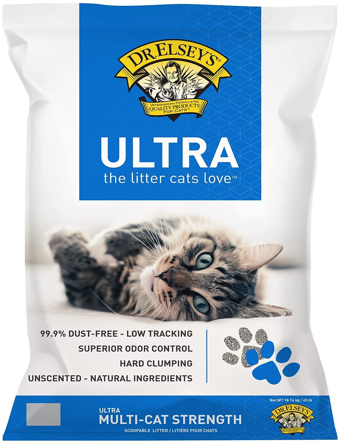 Dr. Elsey's Ultra Unscented 40lb bag shows packaging and odor control.