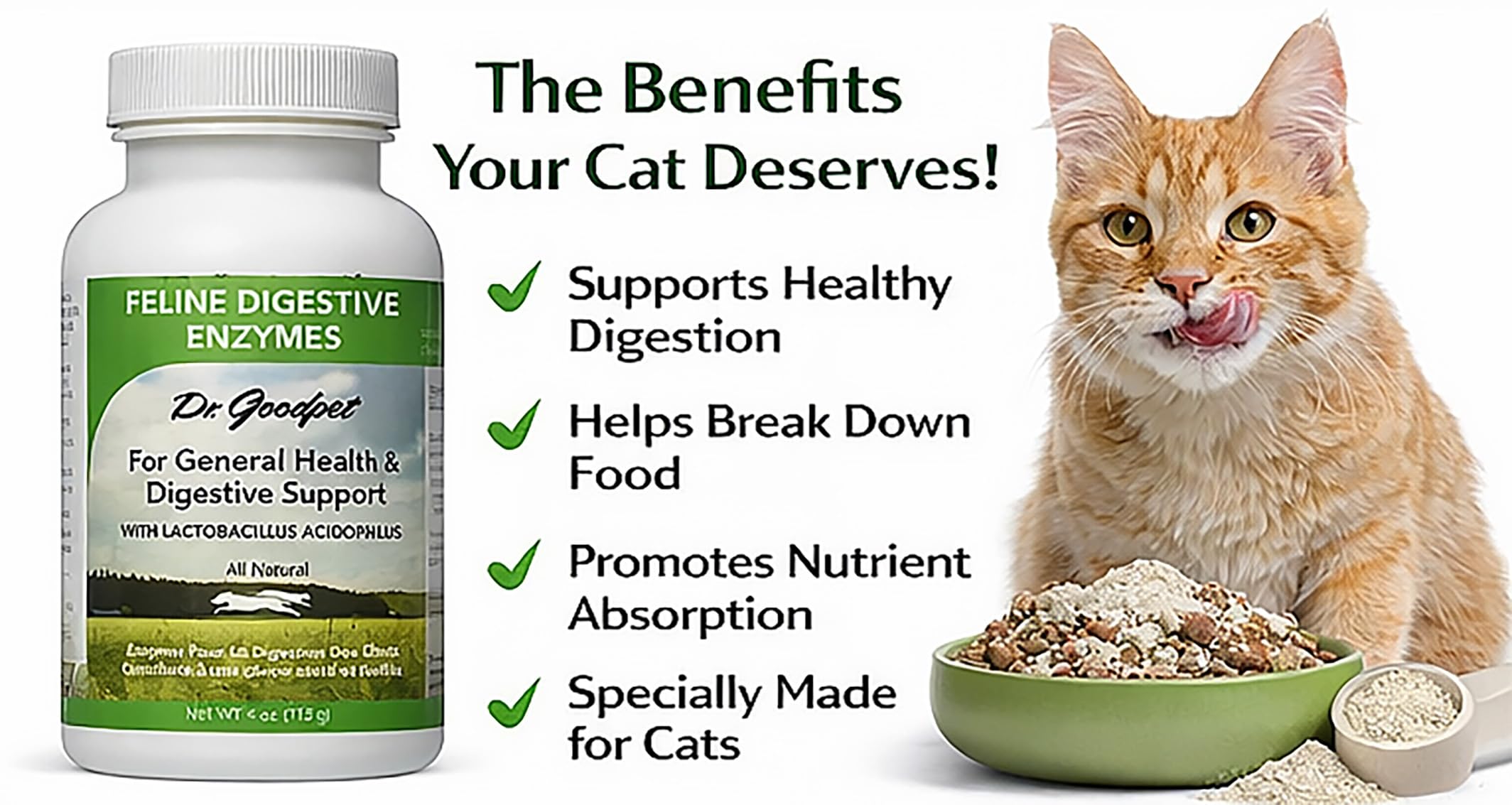 Dr. Goodpet daily digestive powder sprinkled on food eases mealtime mixing.