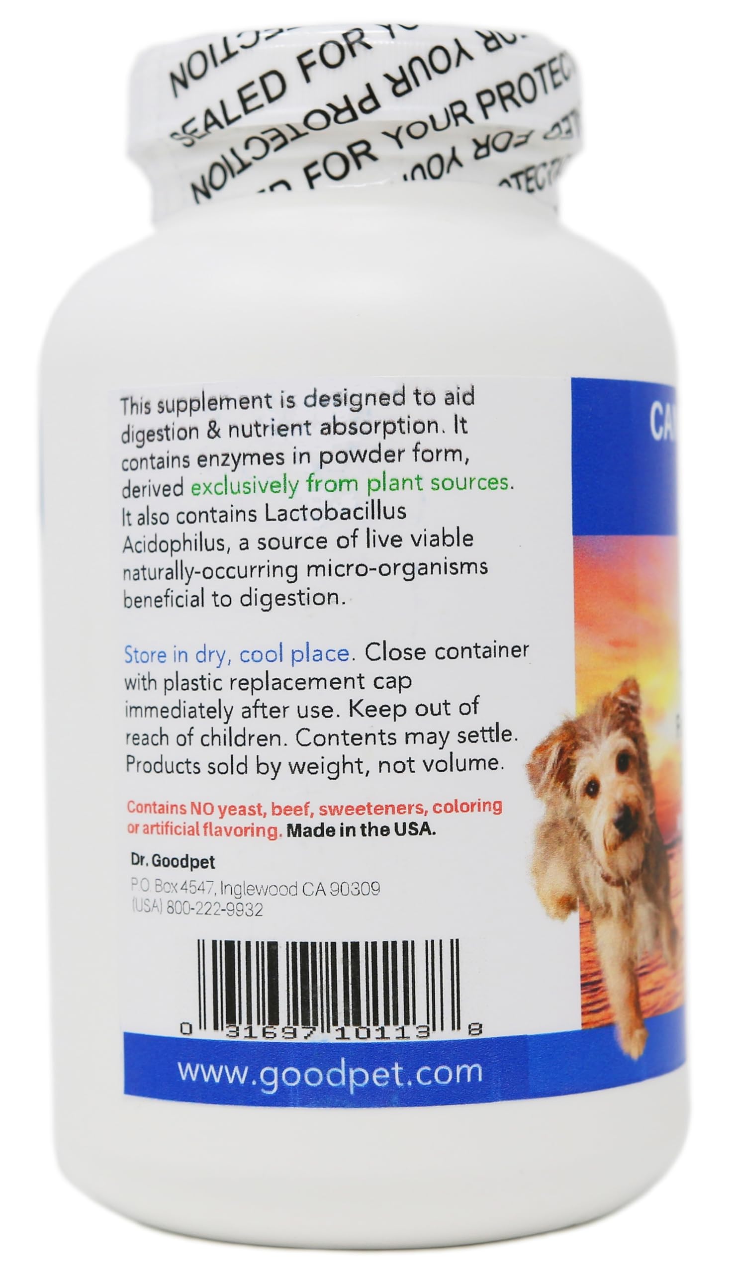Dr. Goodpet Digestive Enzymes powder in dog food promoting steady meals.