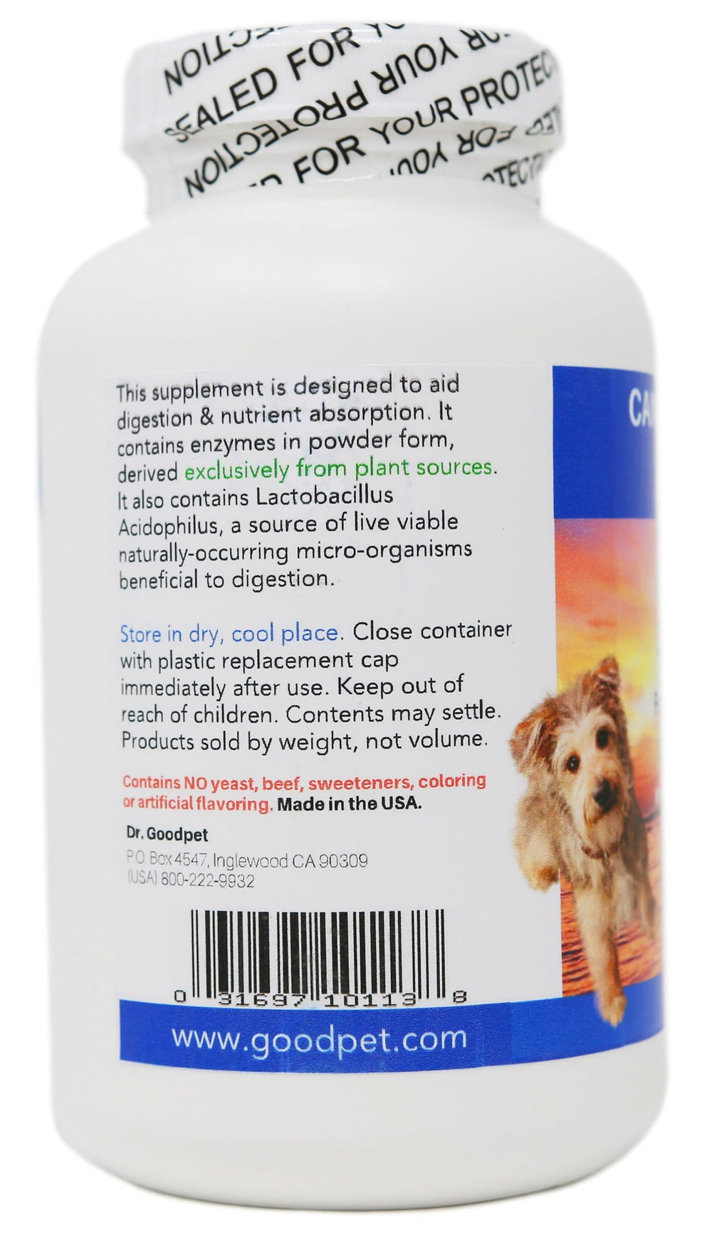 Dr. Goodpet Digestive Enzymes powder in dog food promoting steady meals.