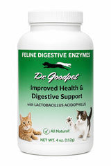 Dr. Goodpet feline digestive enzymes powder bottle supports smoother digestion and better nutrient uptake.