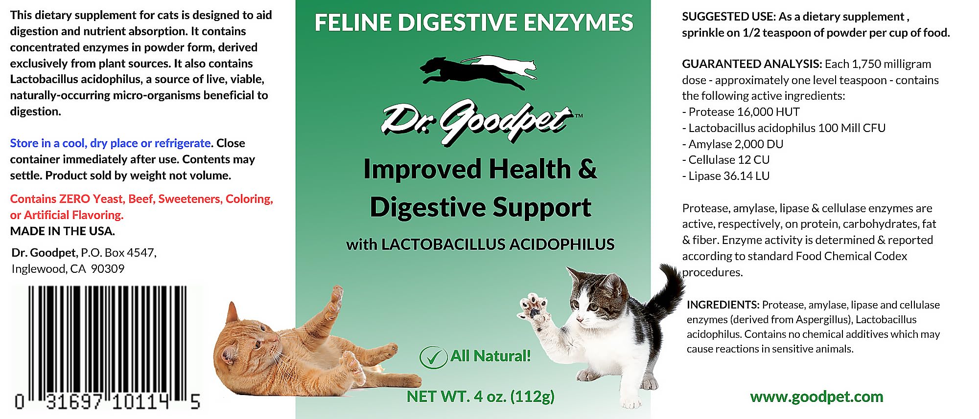Dr. Goodpet vegan formula label highlights plant-based ingredients for sensitive cats.
