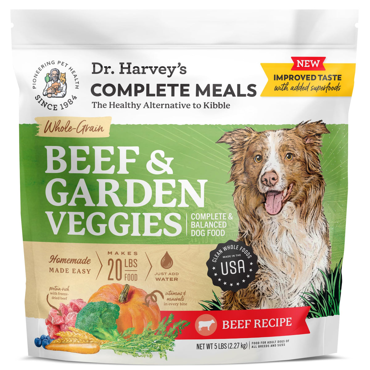 Dr. Harvey's Beef and Garden Veggies bag front highlights real beef first ingredient.