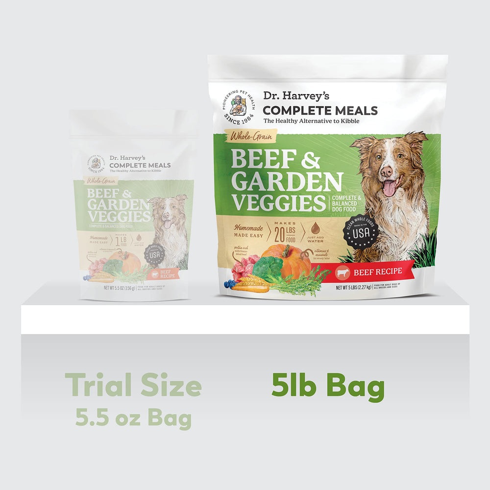 Dr. Harvey's Beef and Garden Veggies image shows ingredients for balanced meals.