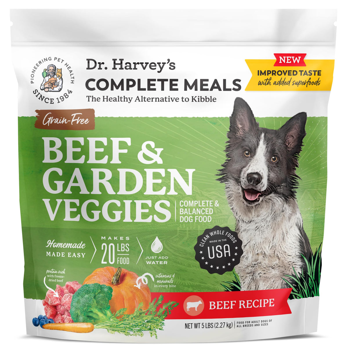Dr. Harvey's Beef and Garden Veggies dog food, grain-free and gentle on sensitive stomachs.