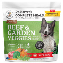 Dr. Harvey's Beef and Garden Veggies dog food, grain-free and gentle on sensitive stomachs.