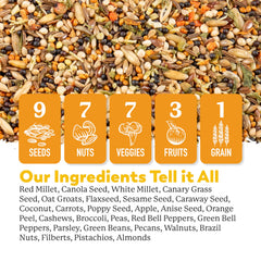Dr. Harvey's blend provides diverse seeds, nuts, fruits, and vegetables for enrichment.