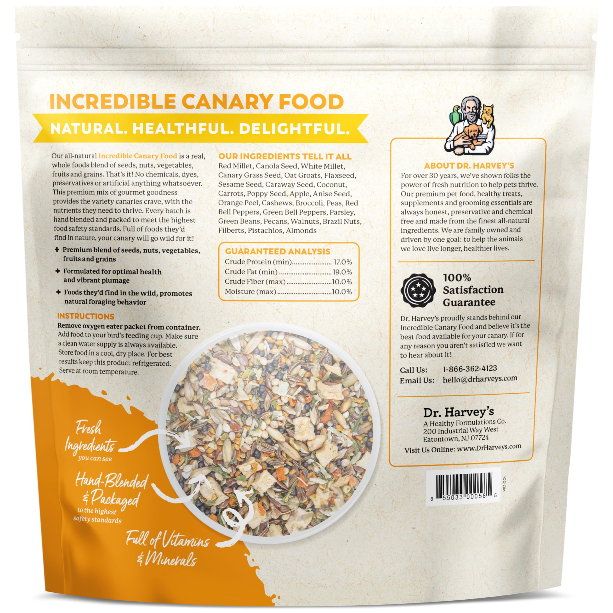 USA-made Dr. Harvey's Canary Blend packaging emphasizes clean ingredients.