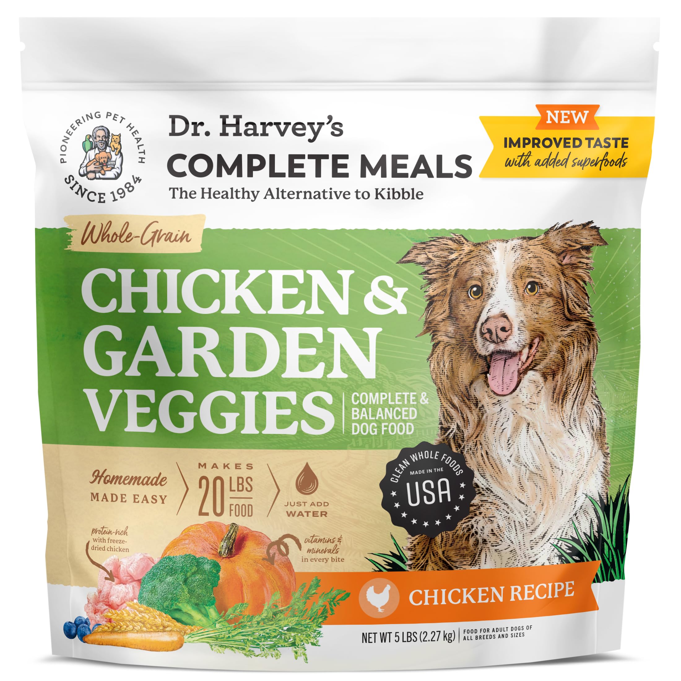 Dr. Harvey's Chicken & Garden Veggies dog food bag showing real beef and vegetables.