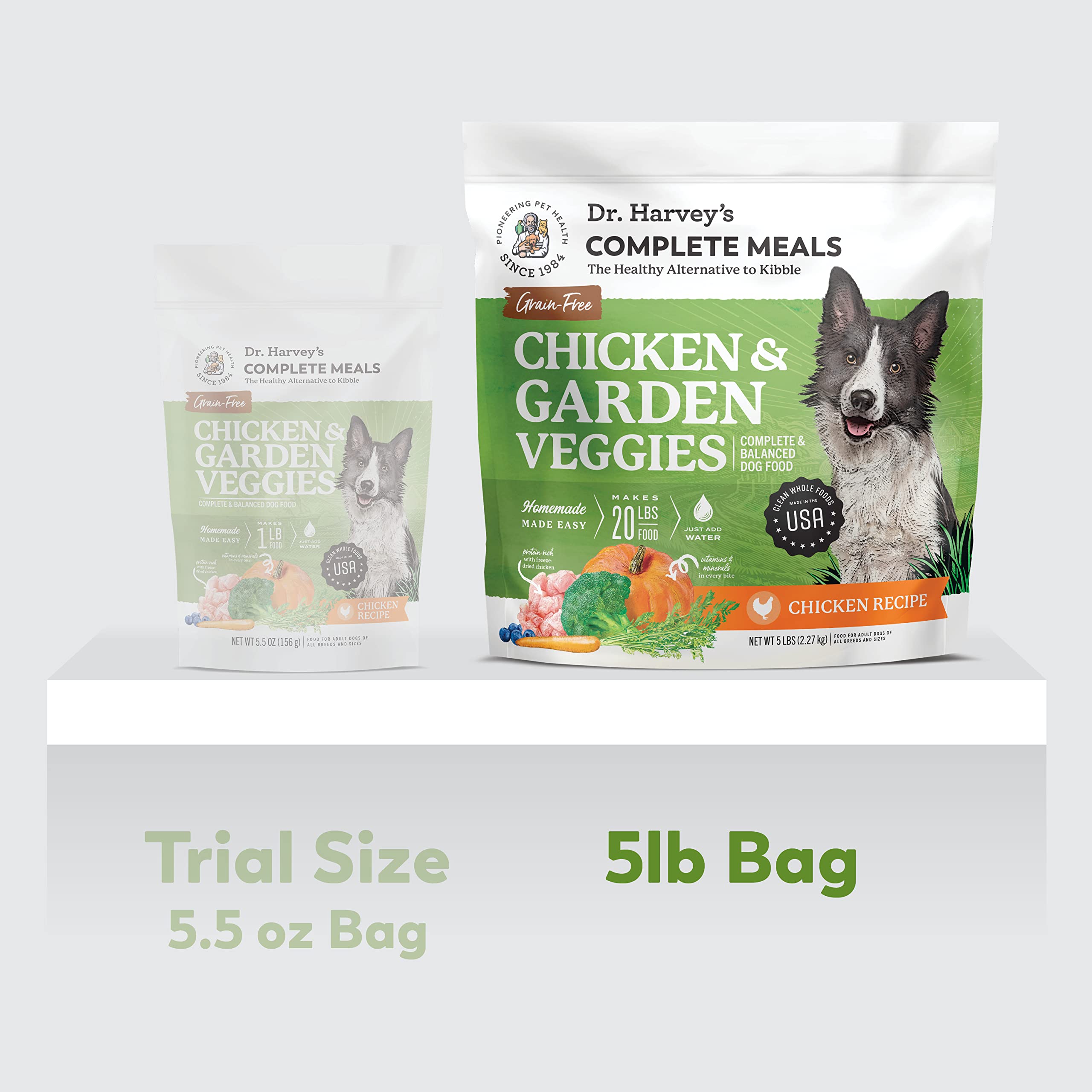 Served bowl of Dr. Harvey's Chicken & Garden Veggies—home-style meal for dogs.