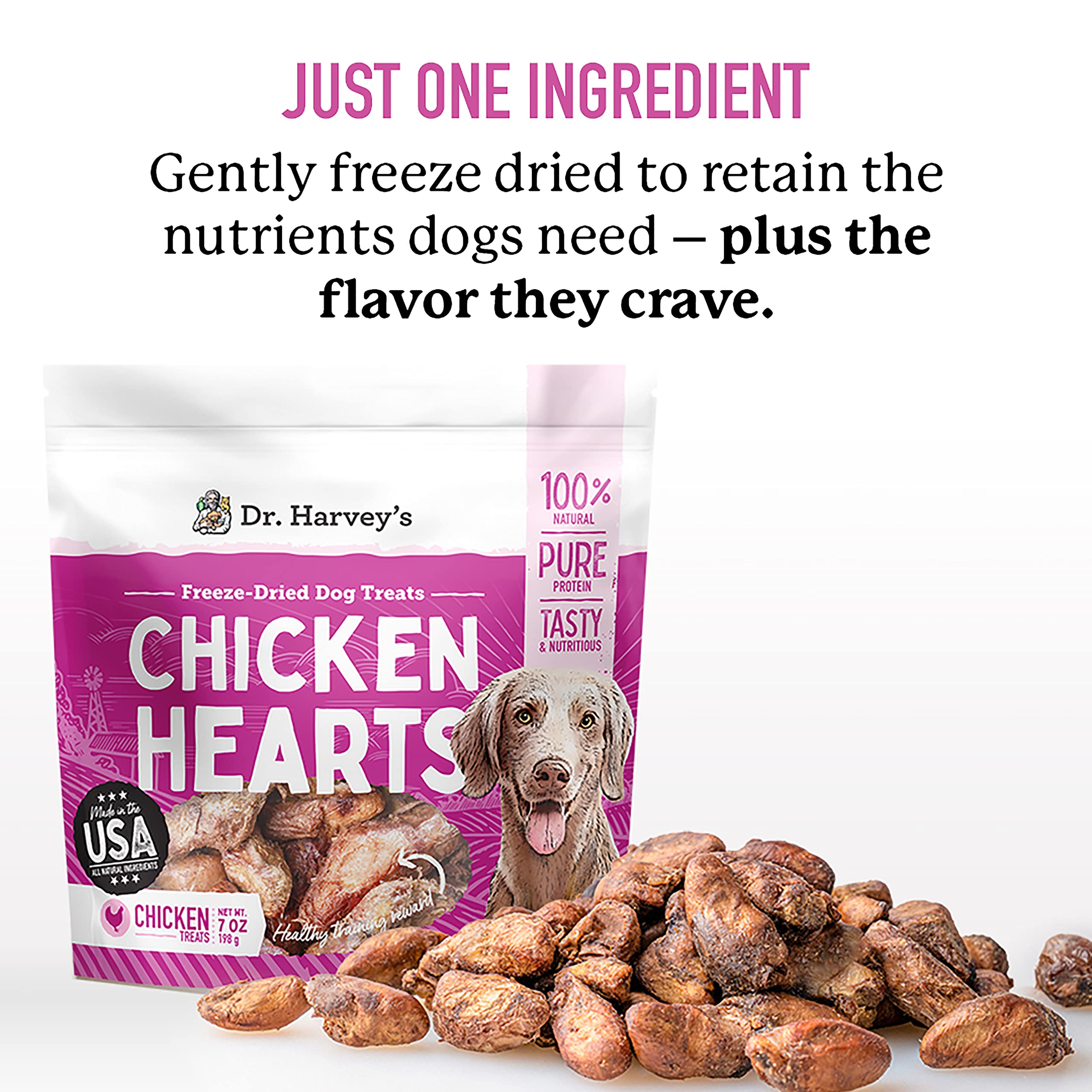 Dr. Harvey's chicken hearts texture close-up—a high-protein, low-fat treat.