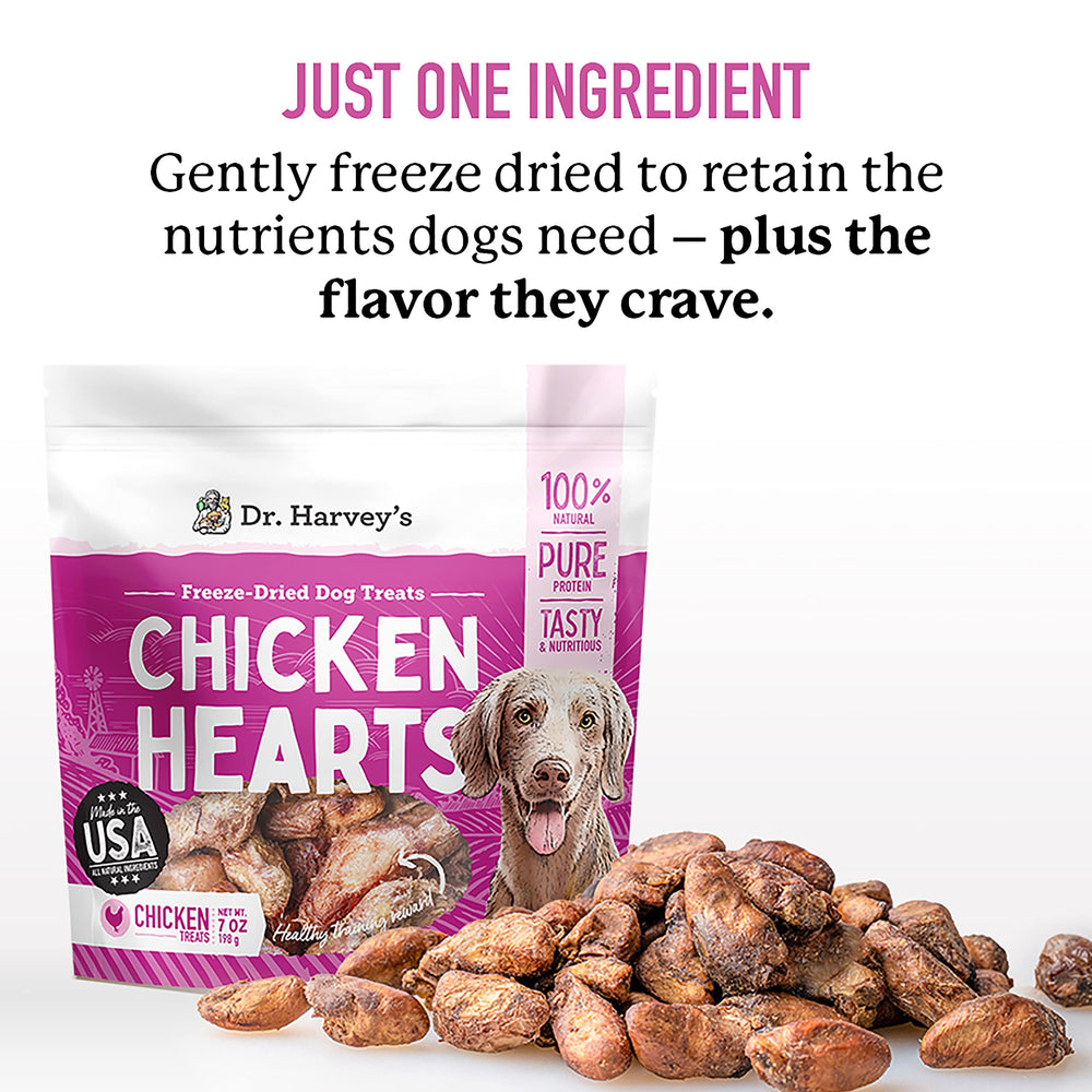 Dr. Harvey's chicken hearts texture close-up—a high-protein, low-fat treat.