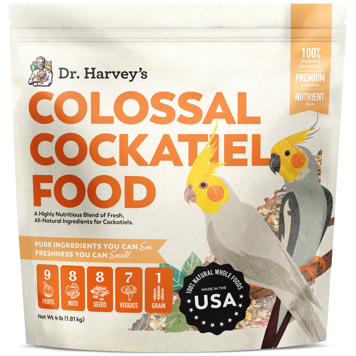 Dr. Harvey's Colossal Cockatiel Blend bag shown for daily use supporting balanced nutrition
