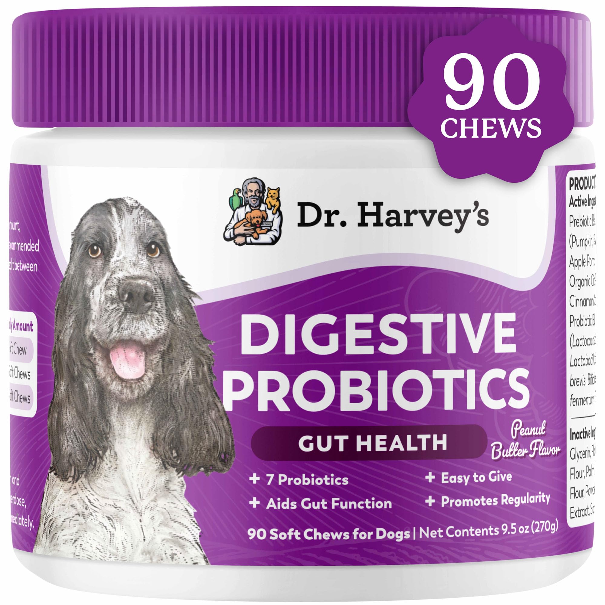 Dr. Harvey's Digestive Probiotic Soft Chews for dogs in peanut butter flavor promote gut balance.