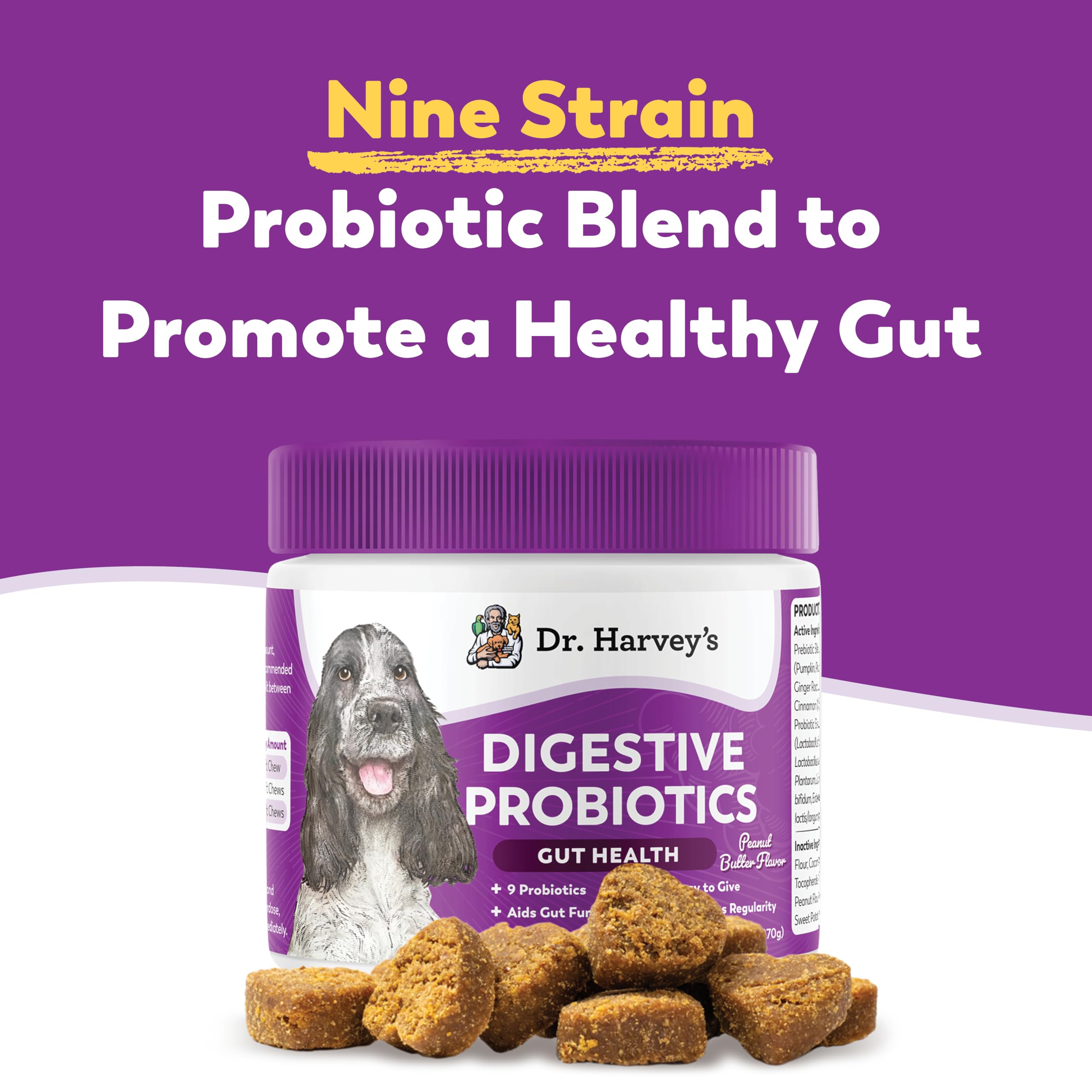 Dr. Harvey's soft chews show texture and prebiotics for digestion.