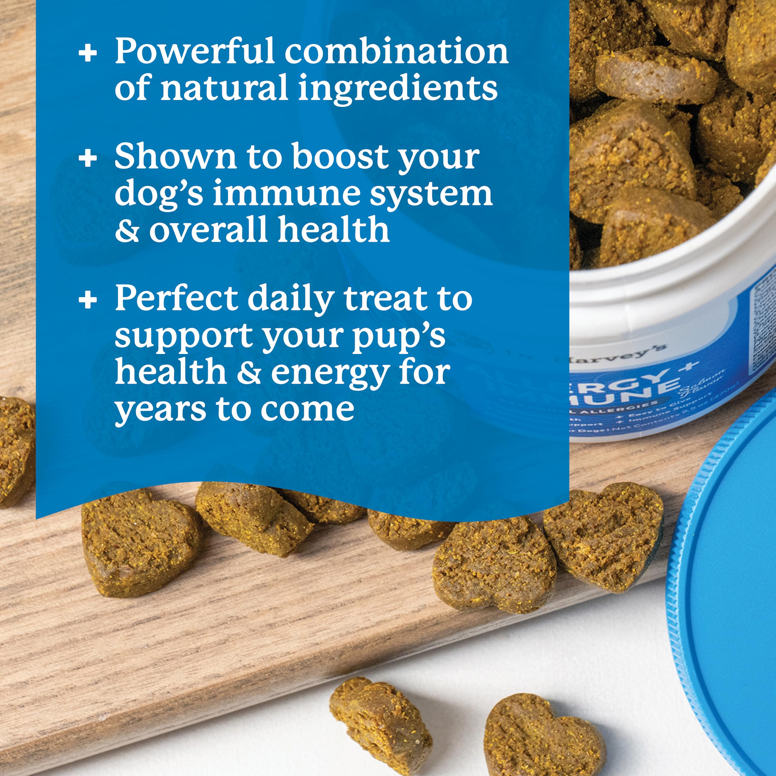 Dr. Harvey's Salmon flavored soft chews entice dogs during treats.