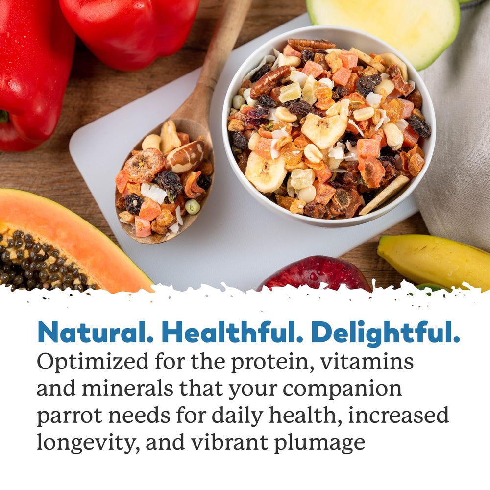 Balanced protein, fat, and fiber in Dr. Harvey's Exotic Parrot Blend support daily needs.