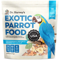 Dr. Harvey's Exotic Parrot Blend in a bowl for seedless, balanced nutrition in large parrots.
