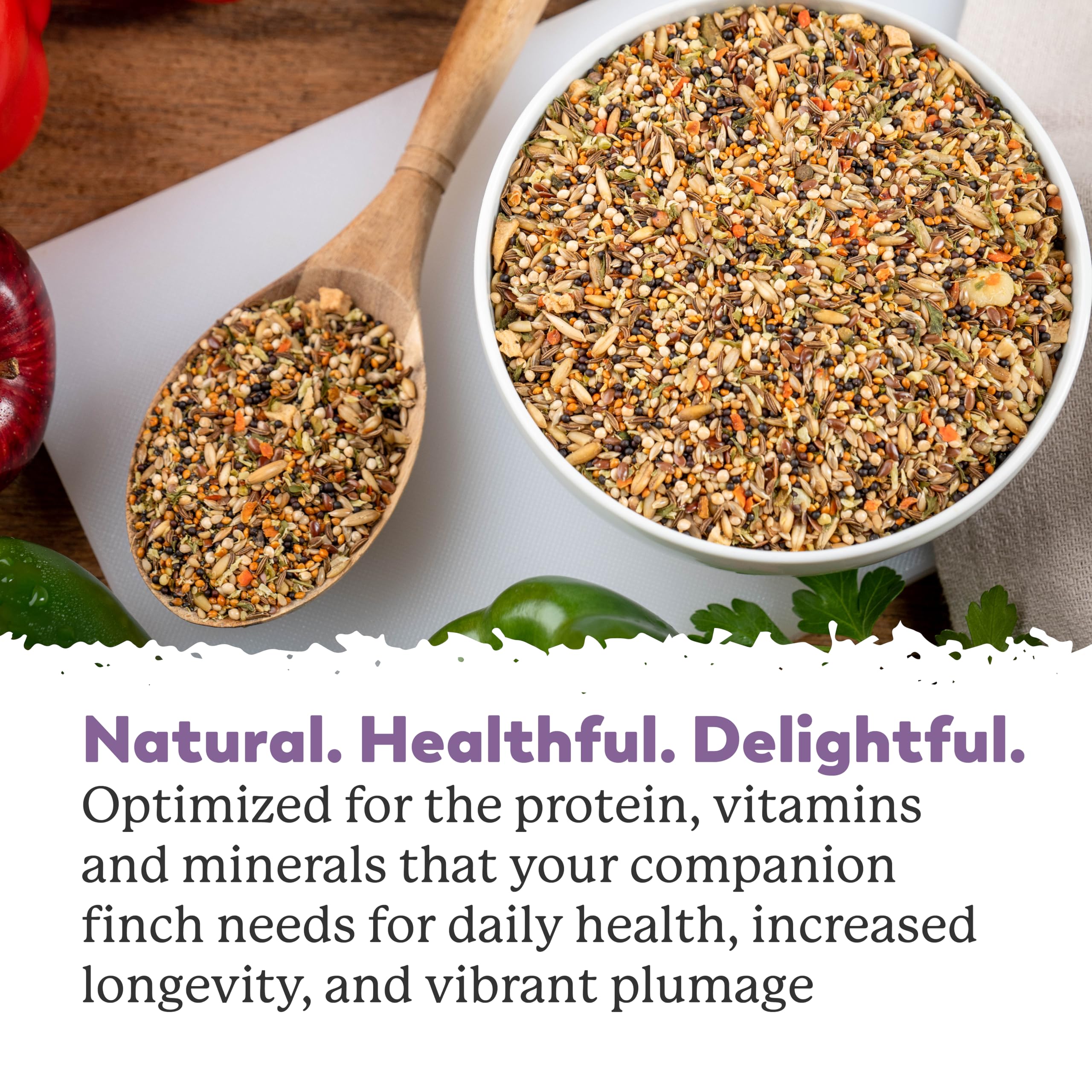 Indoor birds savor Dr. Harvey’s Fabulous Finch Food in a simple feeder