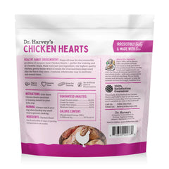 Dr. Harvey's single-ingredient chicken hearts label close-up, showcasing quality protein.