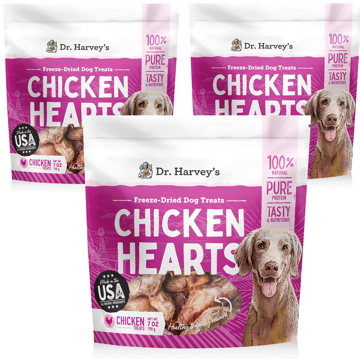 Dr. Harvey's Freeze-Dried Chicken Hearts pack front view—ideal training rewards for dogs.