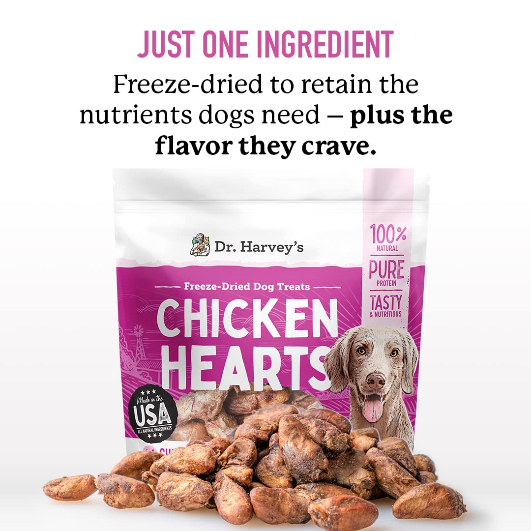 Dr. Harvey's Freeze-Dried Chicken Hearts close-up showing lean protein bites.