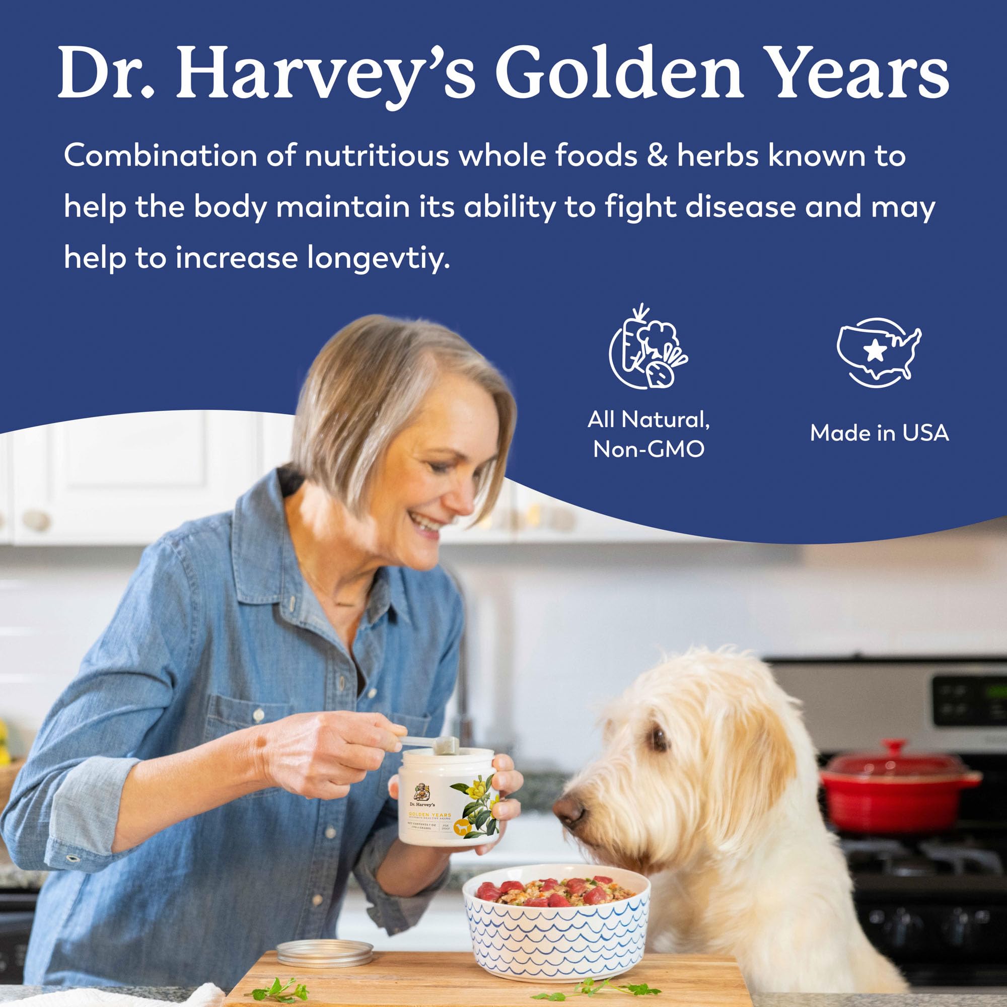 Senior dog enjoys a meal with Dr. Harvey's Golden Years supplement