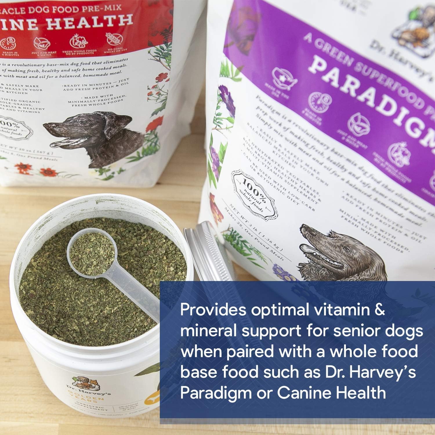 USA-made Dr. Harvey's Golden Years packaging highlights natural ingredients