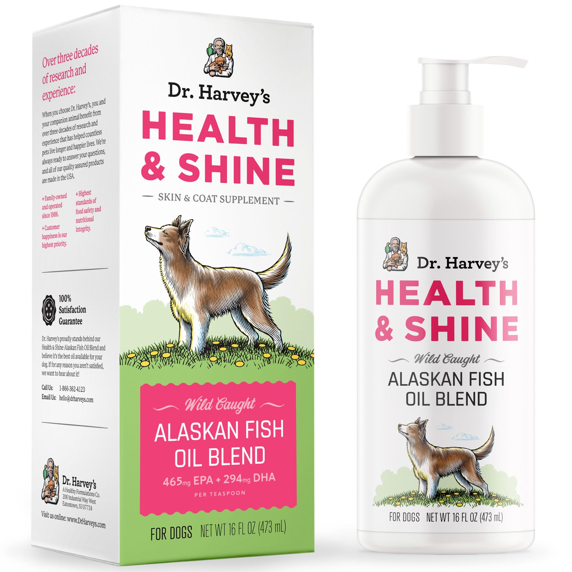 Dr. Harvey's Health & Shine Alaskan fish oil bottle with pump for easy dog dosing.