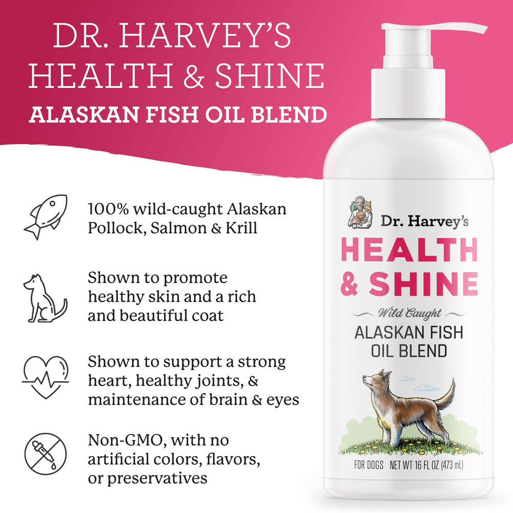 Dr. Harvey's Health & Shine fish oil bottle being poured for canine use.
