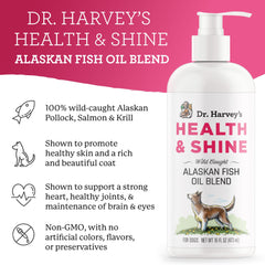 Dr. Harvey's Health & Shine fish oil bottle being poured for canine use.