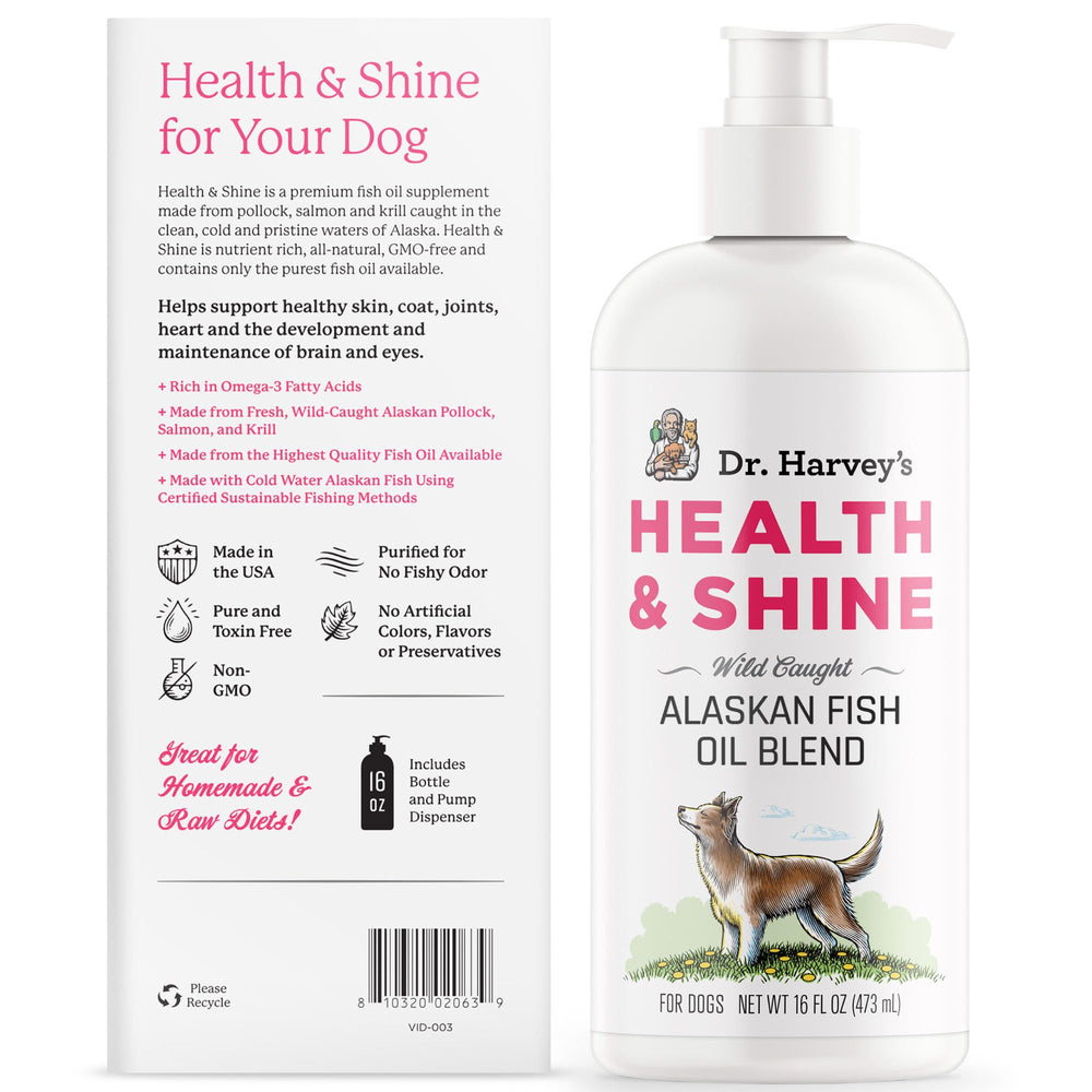Dr. Harvey's Health & Shine 16 oz USA-made fish oil for dogs.