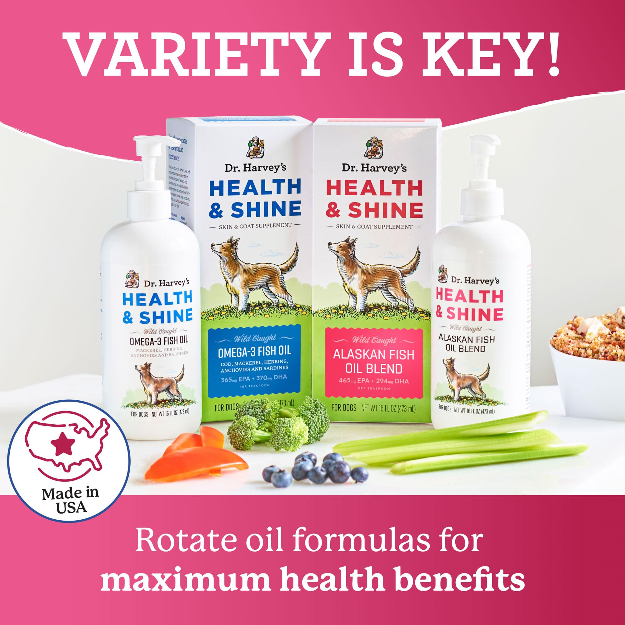 Dr. Harvey's Health & Shine salmon and krill omega-3 blend for dogs.