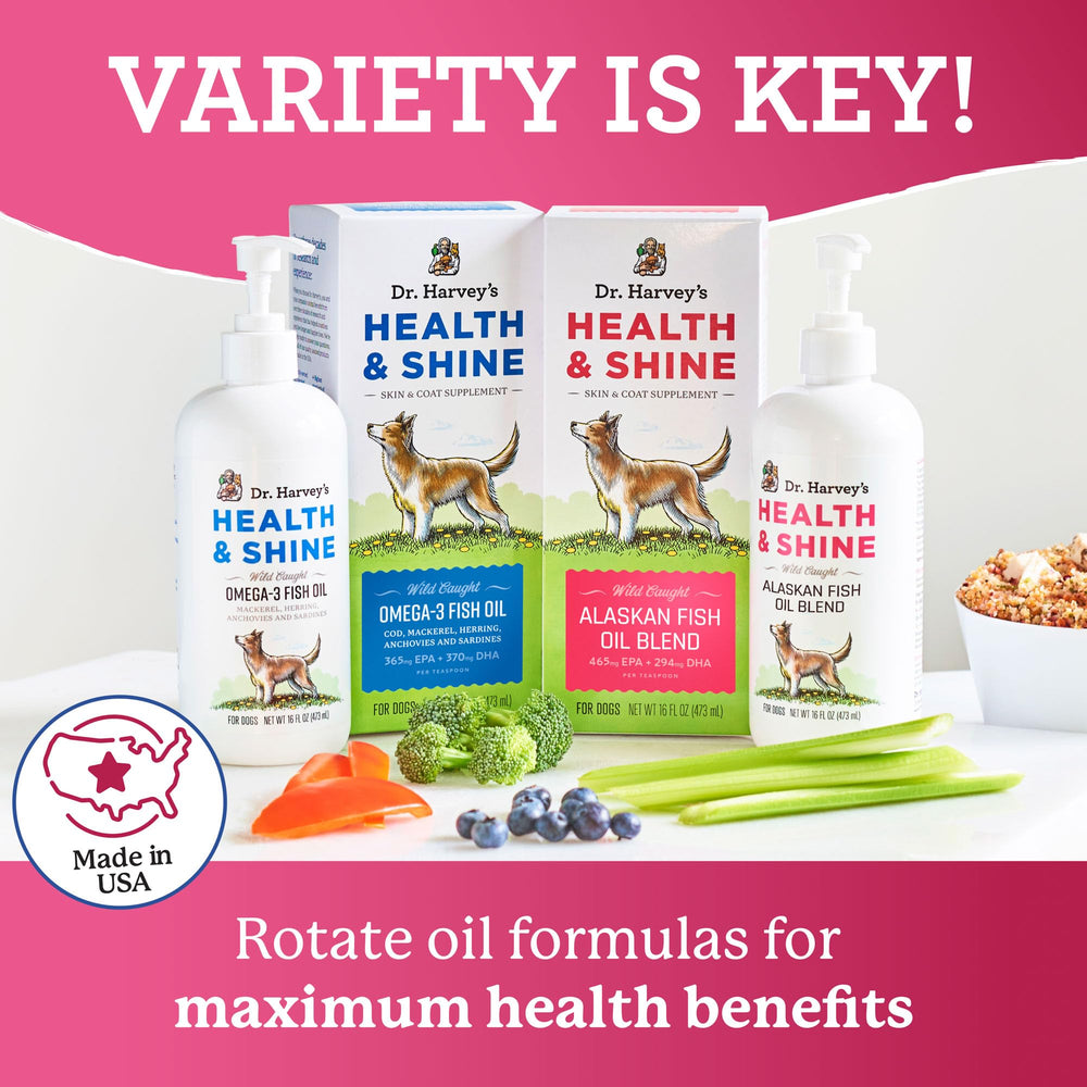 Dr. Harvey's Health & Shine salmon and krill omega-3 blend for dogs.