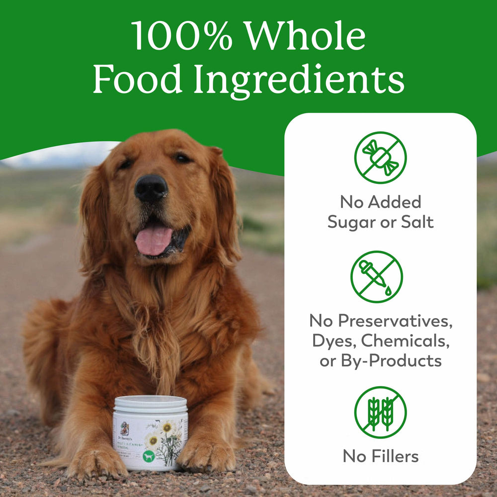 Label on the tub highlighting natural ingredients for dog care.