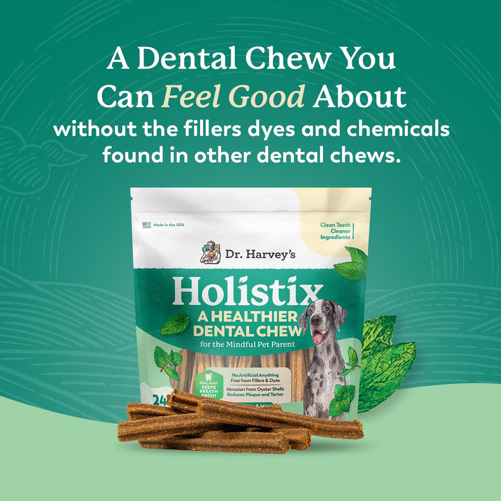 Dr. Harvey's Holistix Dental Chews mint breath close-up highlights fresher breath for dogs.