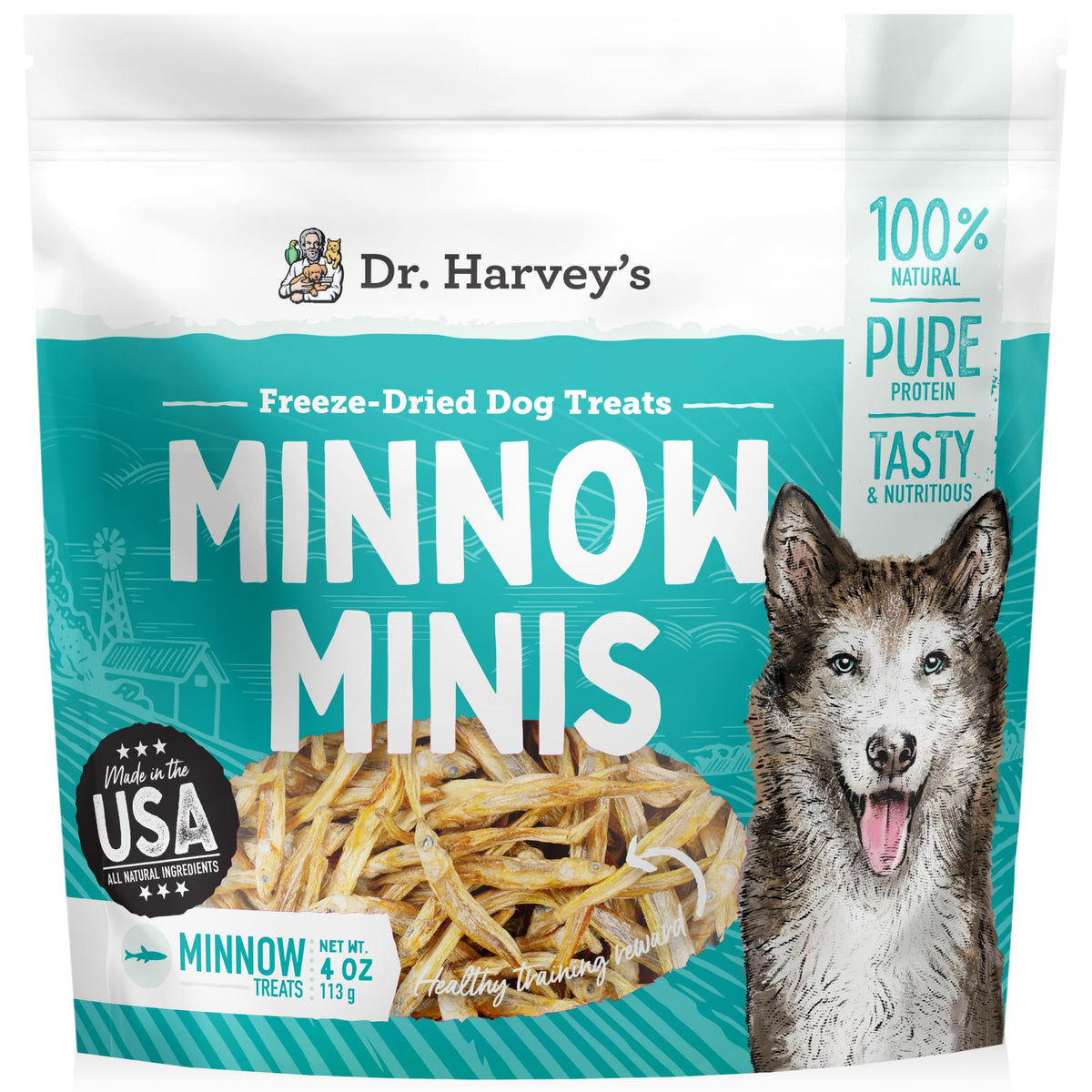 Dr. Harvey's Minnow Minis freeze-dried treats pack for training rewards.