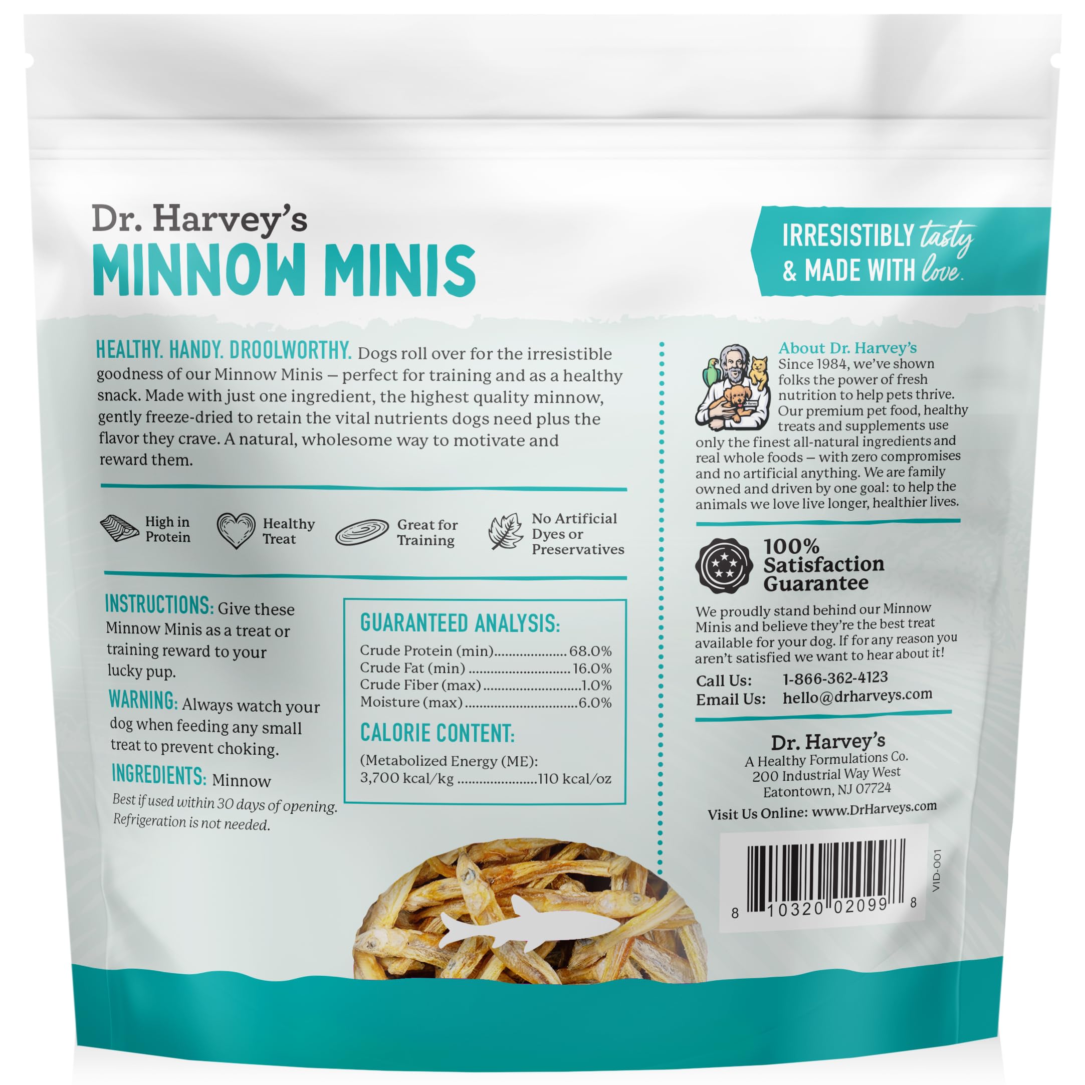Dr. Harvey's Minnow Minis single-ingredient treat supports easy digestion.