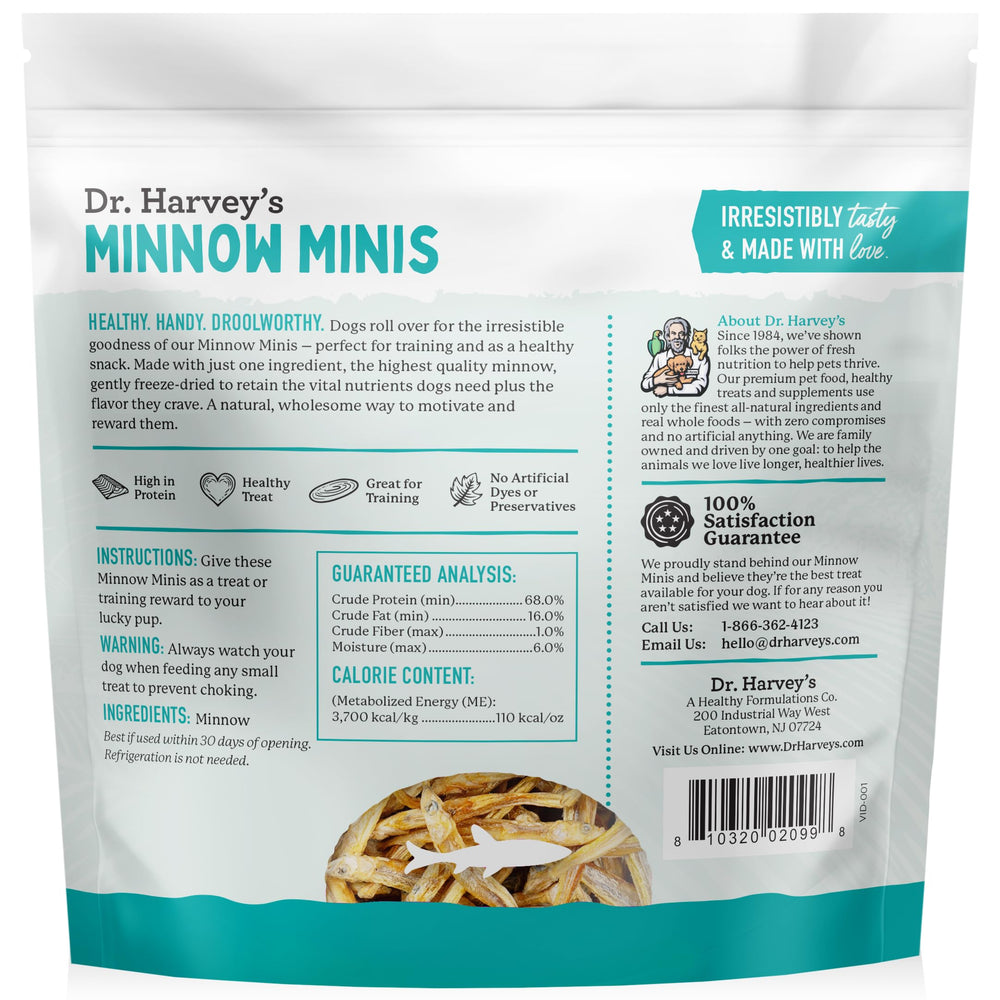 Dr. Harvey's Minnow Minis single-ingredient treat supports easy digestion.