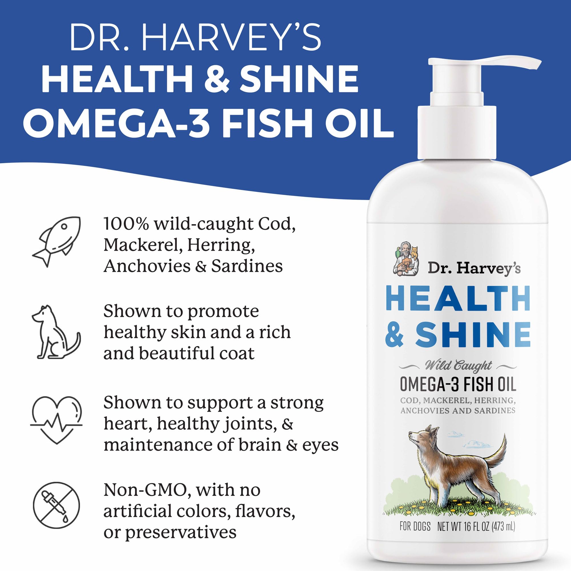 Dr. Harvey's Omega 3 pours onto dog food for coat nourishment.
