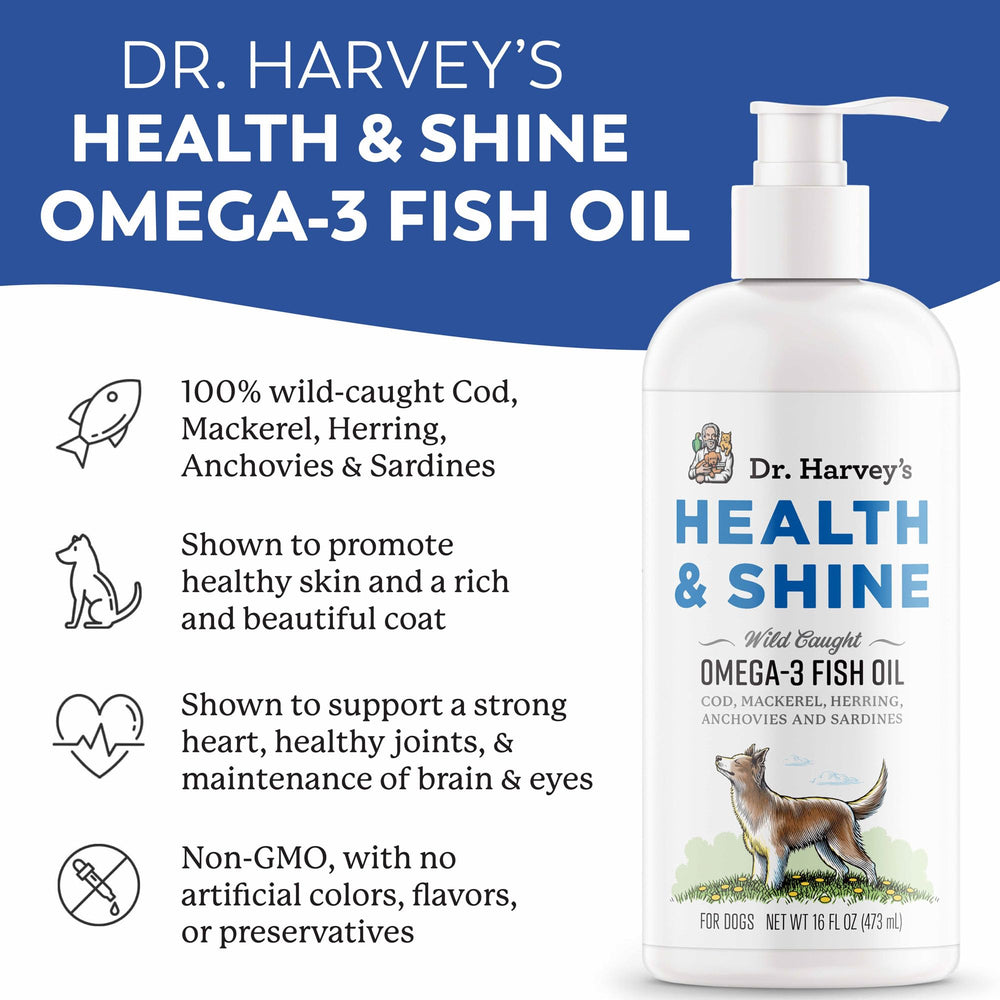 Dr. Harvey's Omega 3 pours onto dog food for coat nourishment.