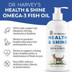 Dr. Harvey's Omega 3 pours onto dog food for coat nourishment.