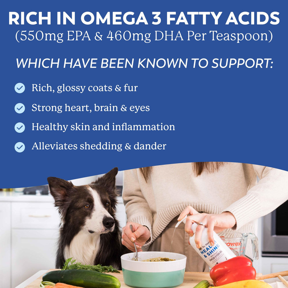 Dr. Harvey's Omega 3 promotes a glossy coat and smooth skin.