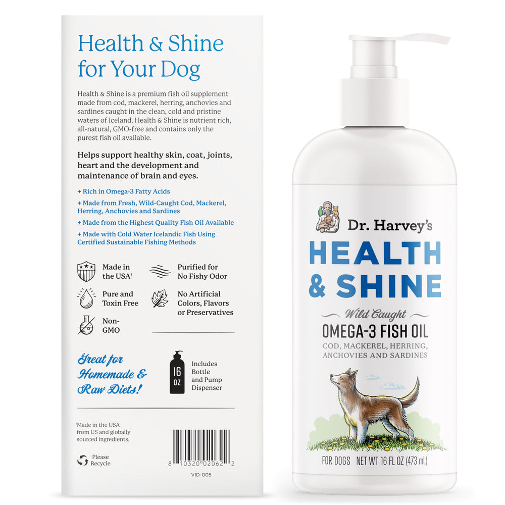 Dr. Harvey's Omega 3 bottle highlights quality and safety for dogs.