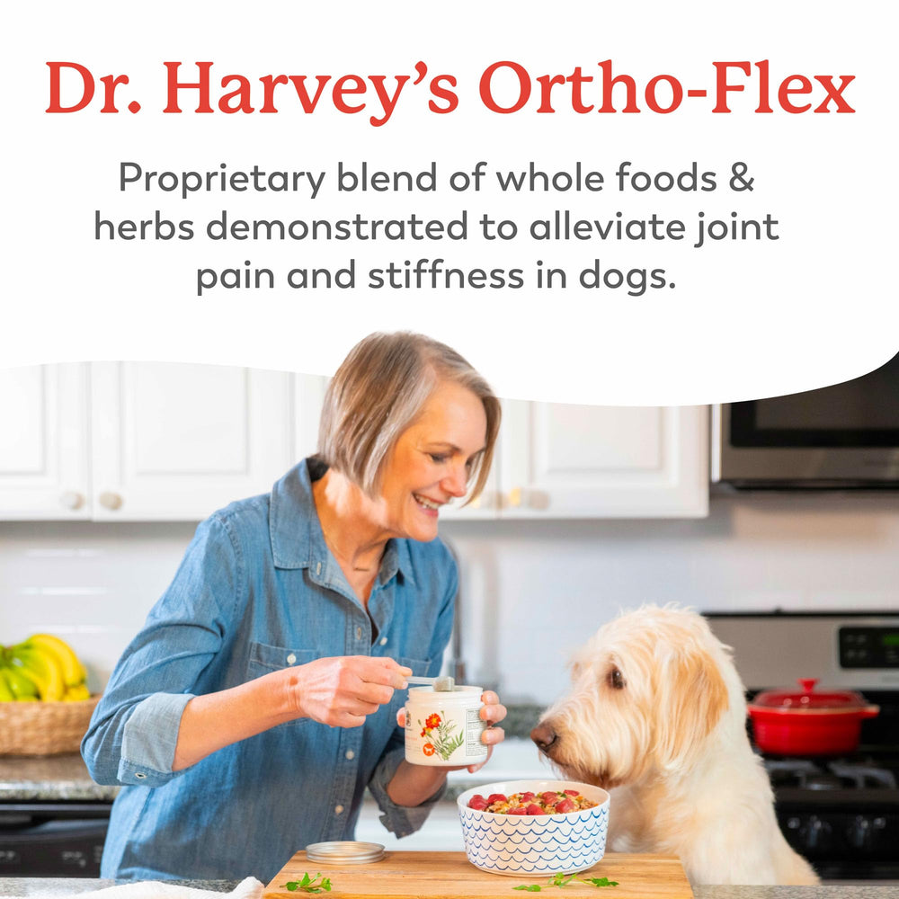 Dr. Harvey's Ortho-Flex bottle label closeup highlighting ingredients for hip and joint health
