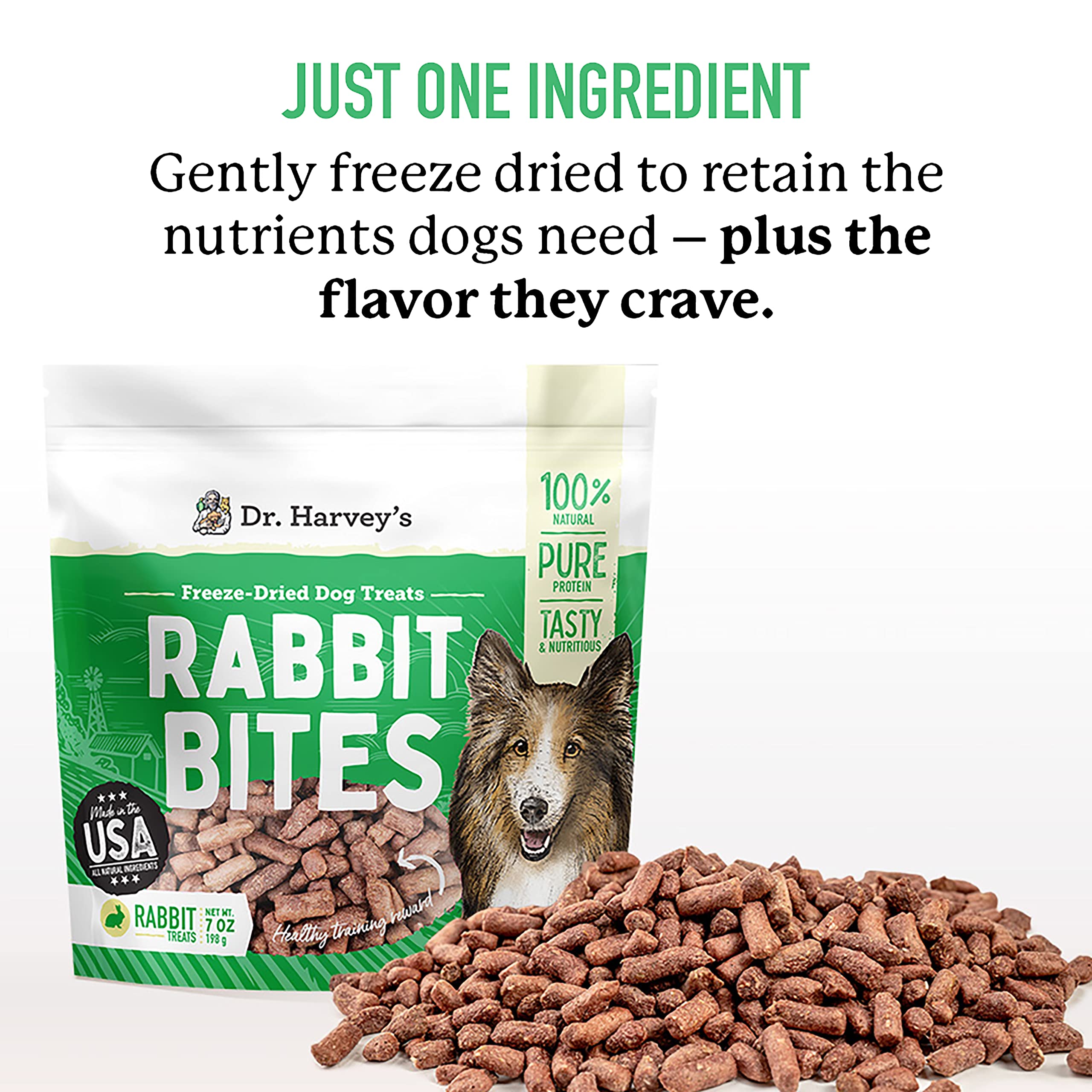 Allergen-free Dr. Harvey's Rabbit Bites option for dogs.