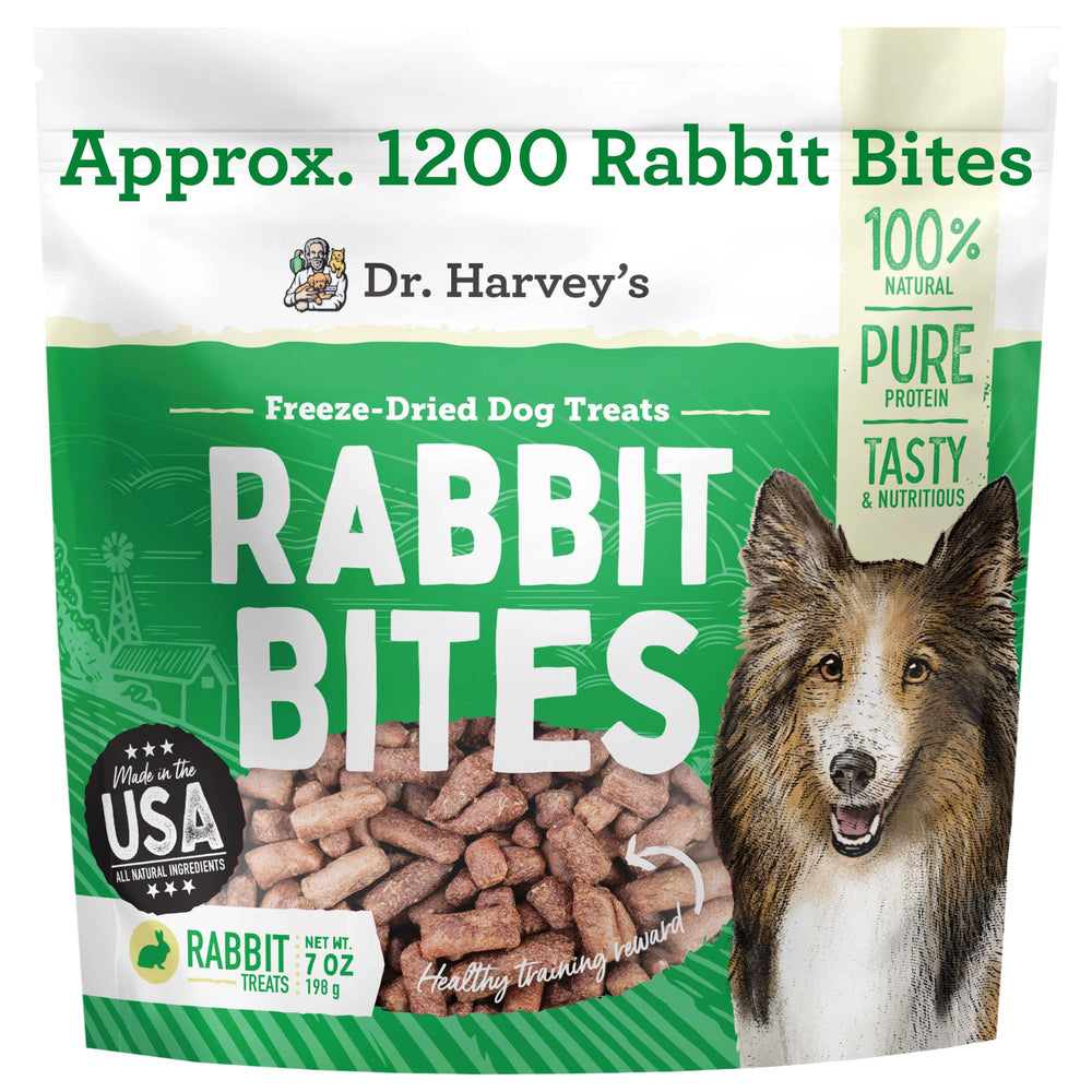 Dr. Harvey's Rabbit Bites pack front, single-ingredient dog treat.