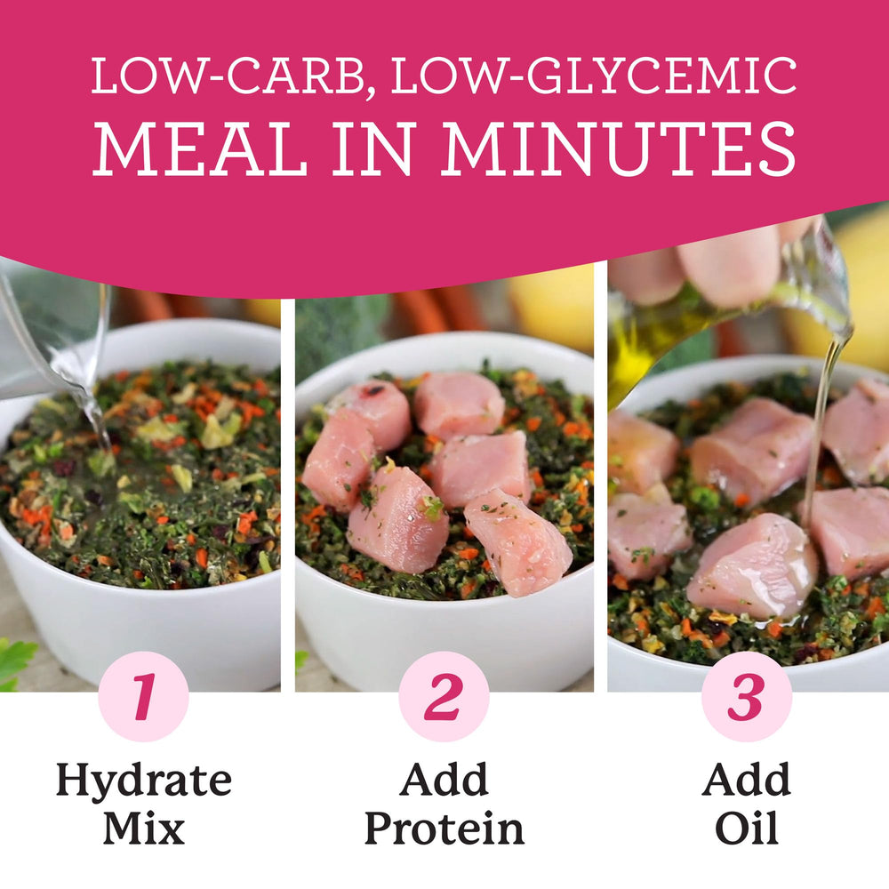 Dr. Harvey's Raw Vibrance rehydration step shows eight-minute prep for quick meals.