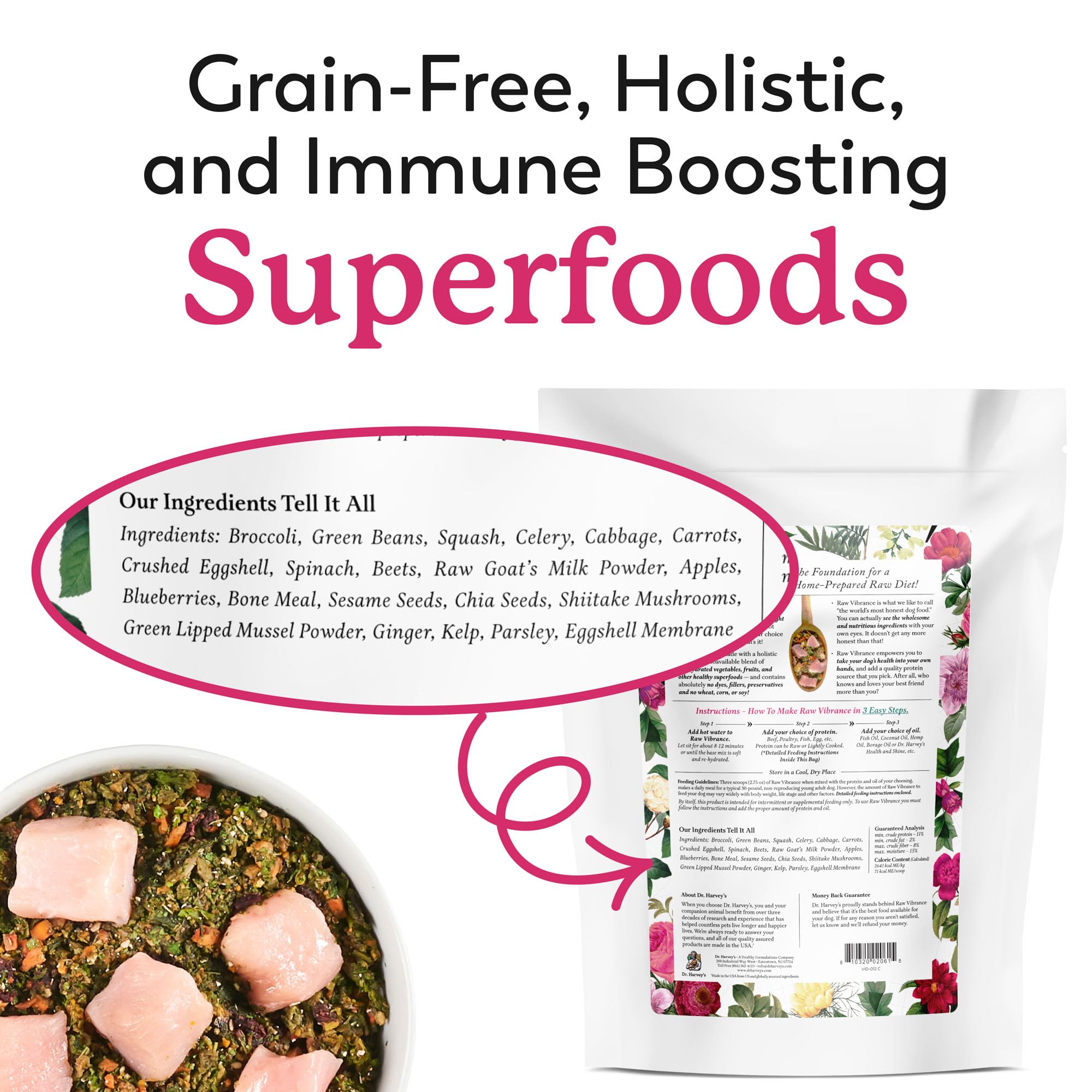 Open bag of Dr. Harvey's Raw Vibrance with scoops ready for use