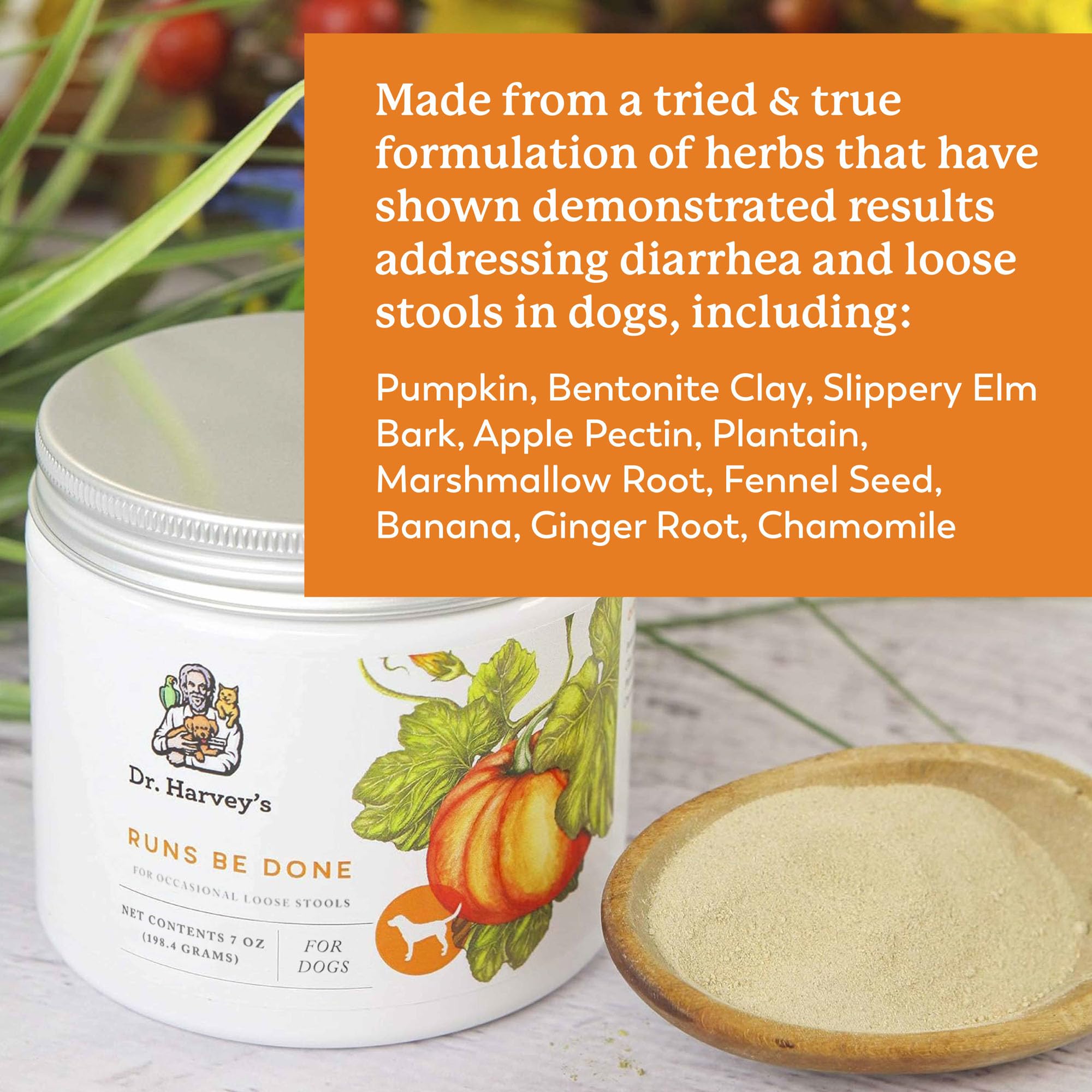 Close-up of ingredient list — herbal whole-food blend for dogs' digestive comfort.